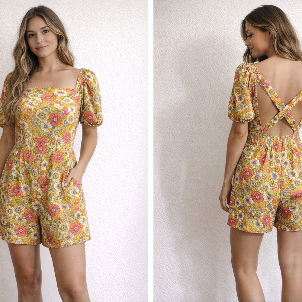 Lily Rose Yellow Floral Square-Neck Romper